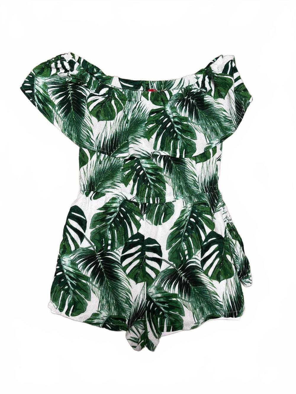 Guess Green Leaf Print Off Shoulder Romper XS